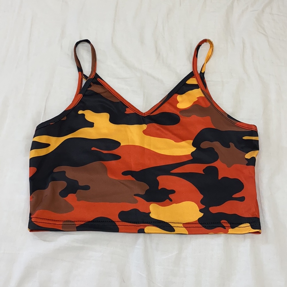 NWOT Shein Orange Yellow Black Camo Cropped Tank